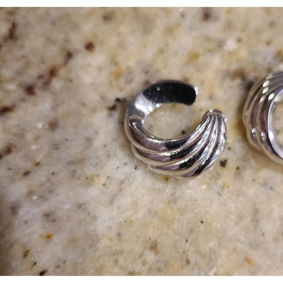 Vintage Monet Half Hoop Earrings- Fan/shell Wave Shape Stud Silver Tone Smooth - Picture 2 of 7
